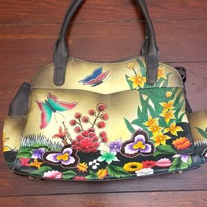 Hand-Painted Floral Leather Tote Bag - butterfly and flower motifs